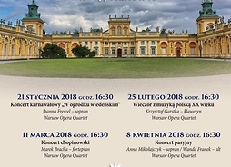 Plakat zapraszający na imprezę z widokiem Pałacu w Wilanowie