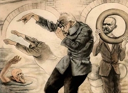 Rysunek przedstawiający marszałka Piłsudskiego dyrygującego próbującymi pływać w Wiśle ministrami. Obok stoi Walery Sławek z kołem ratunkowym