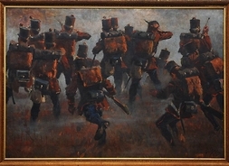 Obraz przedstawiający grupę żołnierzy szturmujących z karabinami z nadzianymi bagnetami pod górę