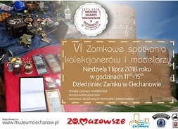 Plakat zapraszający na imprezę ze zdjęciem dwóch stoisk kolekcjonerskich ze starociami oraz zamku w Ciechanowie
