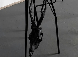 Praca przypominająca szkielet koziołka zrobiony z metalowych pałąków. Z tego samego materiału również czaszka z porożem