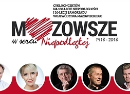 Plakat zapraszający na imprezę ze zdjęciami artystów i stylizowanym napisem Mazowsze, w którym litera „a” zamieniona jest w czerwone serce