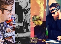 Złączone zdjęcia czterech muzyków przy konsolach mikserskich. Wszyscy w koszulkach, jeden w czapce, jeden z brodą, dwóch w słuchawkach