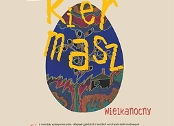 Plakat zapraszający do udziału w kiermaszu, zawierający grafikę przedstawiającą pisankę