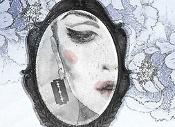 Grafika Oli Kaczyńskiej, artystyczna wizja artystki przedstawiająca dłoń trzymającą lustro, w którym widać fragment twarzy kobiety