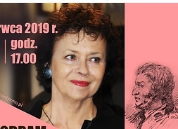 Plakat w formie graficznej zachęcający do udziału w wydarzeniu, zawierający zdjęcie profilowe aktorki Joanny Szczepkowskiej