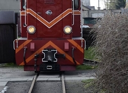 Zdjęcie przedstawia tory kolejowe, na których stoi pociąg. Lokomotywa widziana z przodu.