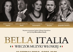 plakat koncertu inauguracyjnego; widzimy zdjęcia artystów, którzy wystąpią, tytuł koncertu nawiązujący do muzyki włoskiej