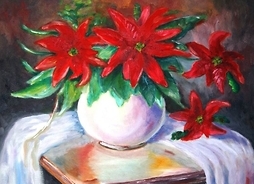 Obraz przedstawiający kwiaty w wazonie, stojącym na stoliku