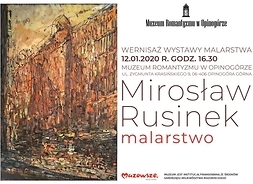 Plakat promujący wernisaż wystawy Mirosława Rusinka
