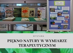 Zdjęcie przedstawia gablotę, w której umieszczone są książki tematycznie związane z wystawą, obok zaś jest plansza z informacjami na temat wystawy