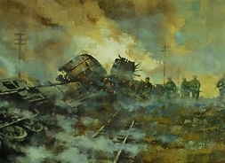 Wizja artystyczna. Obraz przedstawiajacy wykolejony pociąg i grupę żołnierzy.