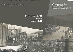 Plakat w formie graficznej zawierający cztery archiwalne zdjęcia przedstawiający budynki oraz ludzi.