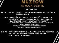 Plakat w formie graficznej zawierający program Nocy Muzeów w Muzeum Ludowych Instrumentów Muzycznych w Szydłowcu.