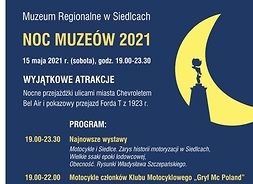 Plakat w formie graficznej zawierający program Nocy Muzeów w Muzeum Regionalnym w Siedlcach.