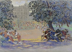 Obraz przedstawiający ludzi siedzących pod drzewami na ławkach w parku, pośrodku klomb, a za nim fragment budynku z kopułą i wieżyczką.