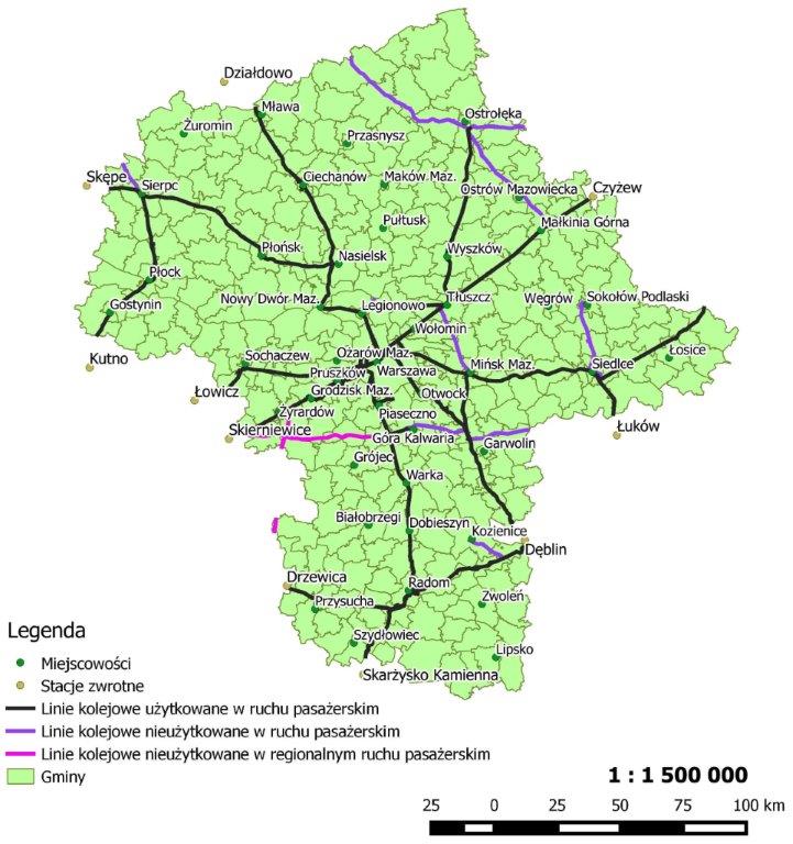 Schemat linii kolejowych w województwie mazowieckim