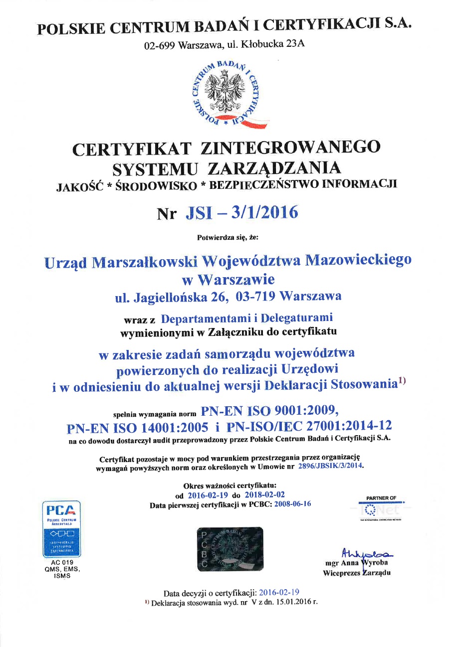 Certyfikat Zintegrowanego Systemu Zarządzania 